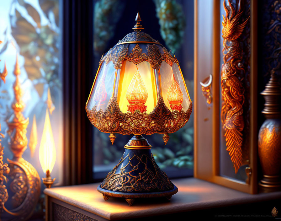 Intricate design ornate lamp on wooden surface near window with nature views