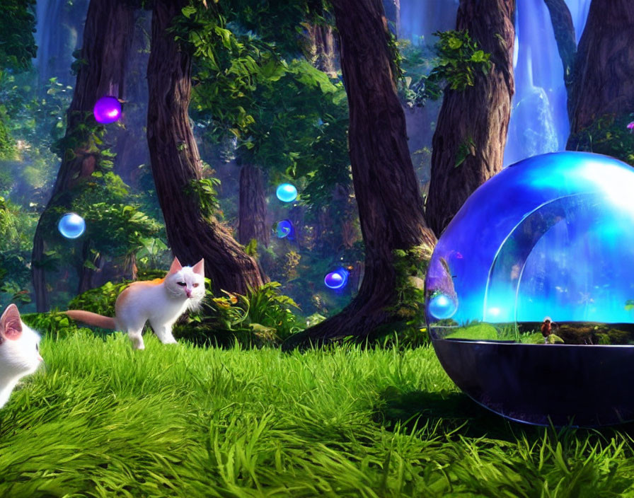 Lush forest with waterfall, white cats, purple orbs, and futuristic sphere