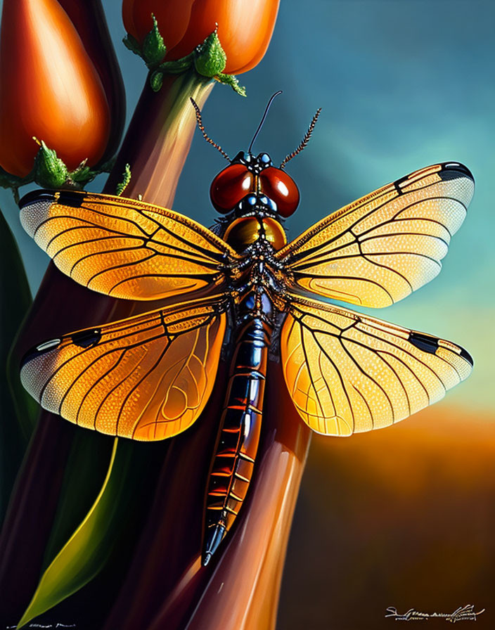 Detailed digital artwork of a dragonfly on plant stem with intricate wings and glossy body.