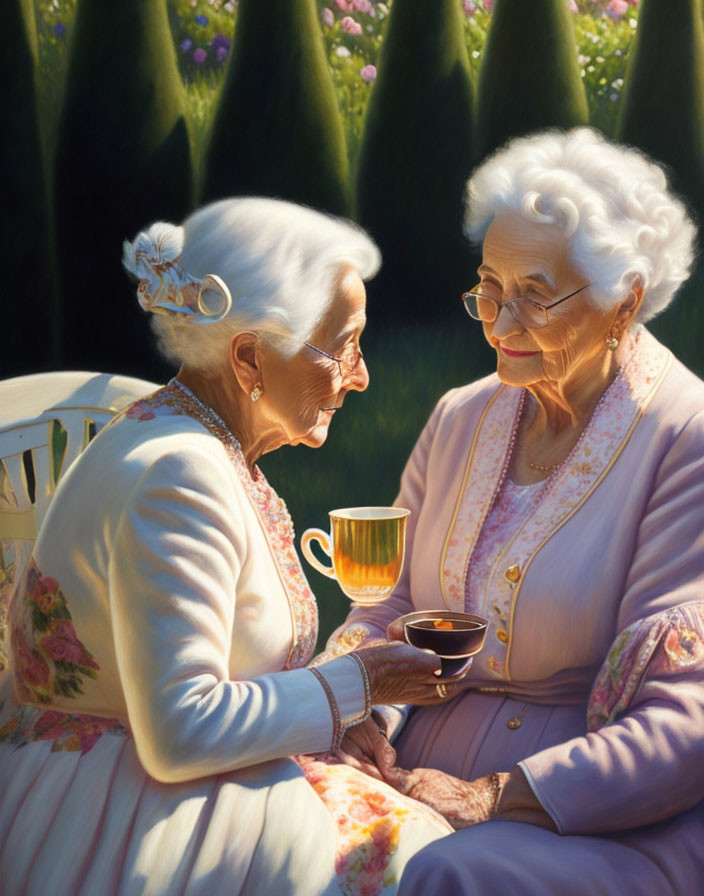 Elderly women enjoying tea in serene garden setting