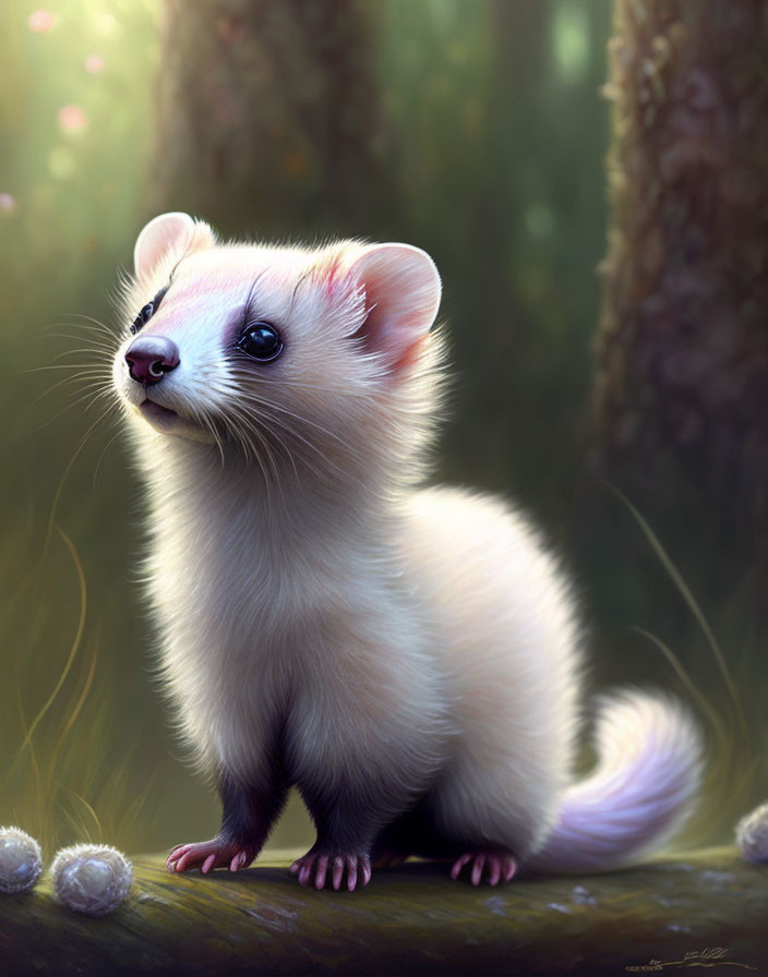 Realistic white ferret on log in sunlit forest with greenery background