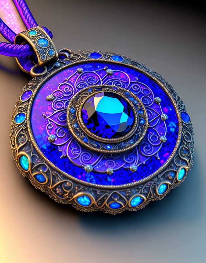 Intricate blue gemstone pendant on vibrant purple cord