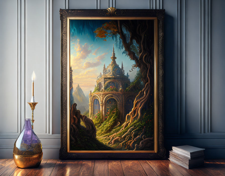 Fantasy landscape painting with magical treehouse, bottle, and books in grand room