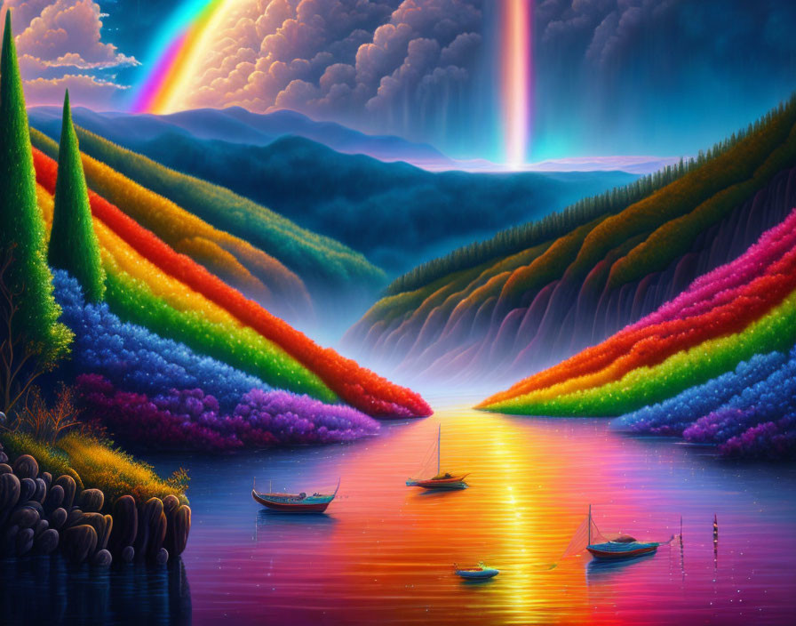 Colorful Landscape with Rainbow, Boats, and Terraced Hills