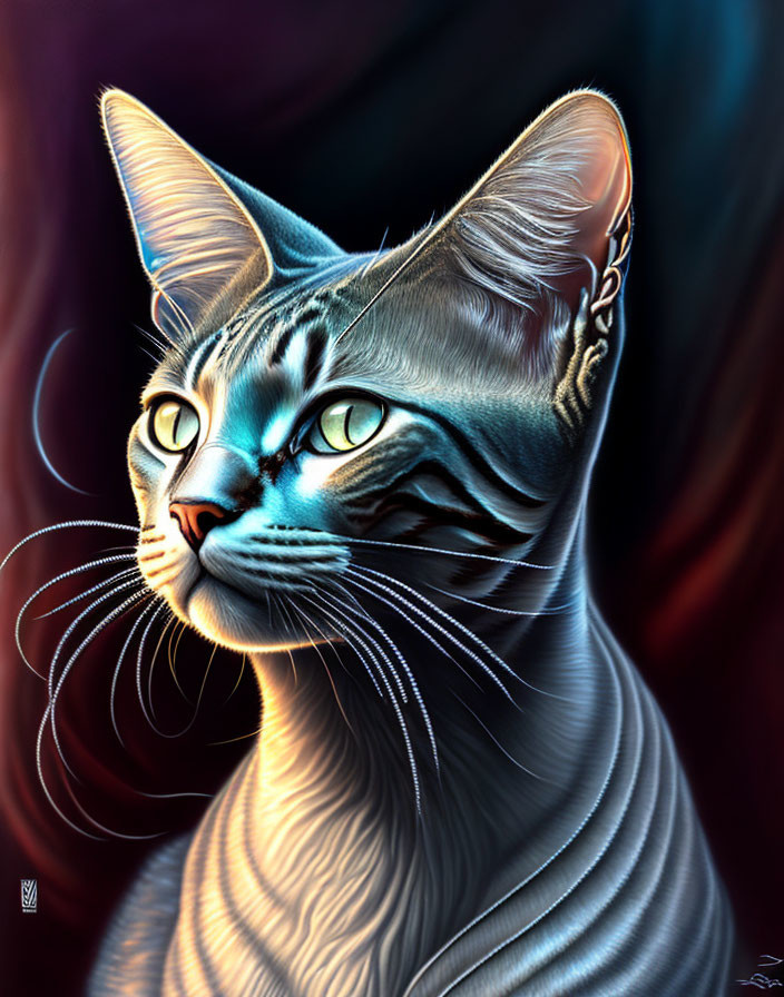 Silver Tabby Cat with Green Eyes and Whiskers on Dark Background