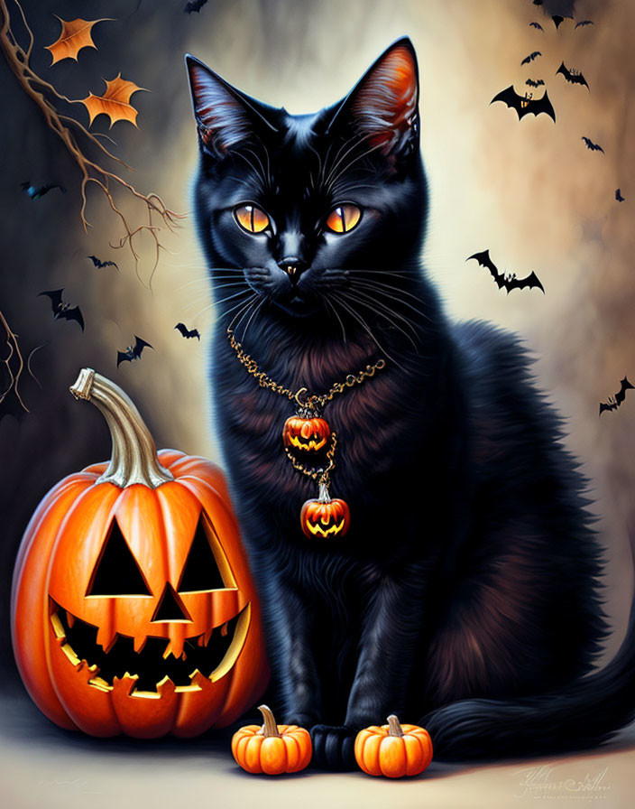 Black Cat with Pumpkin Necklace Beside Carved Pumpkin