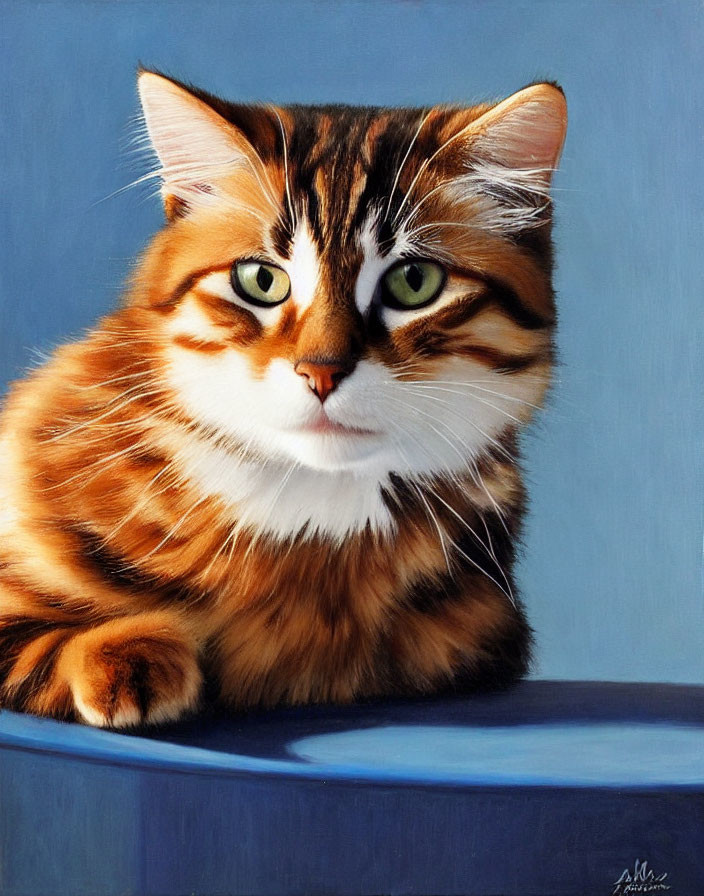 Realistic Painting of Brown-Striped Cat with Green Eyes on Blue Surface