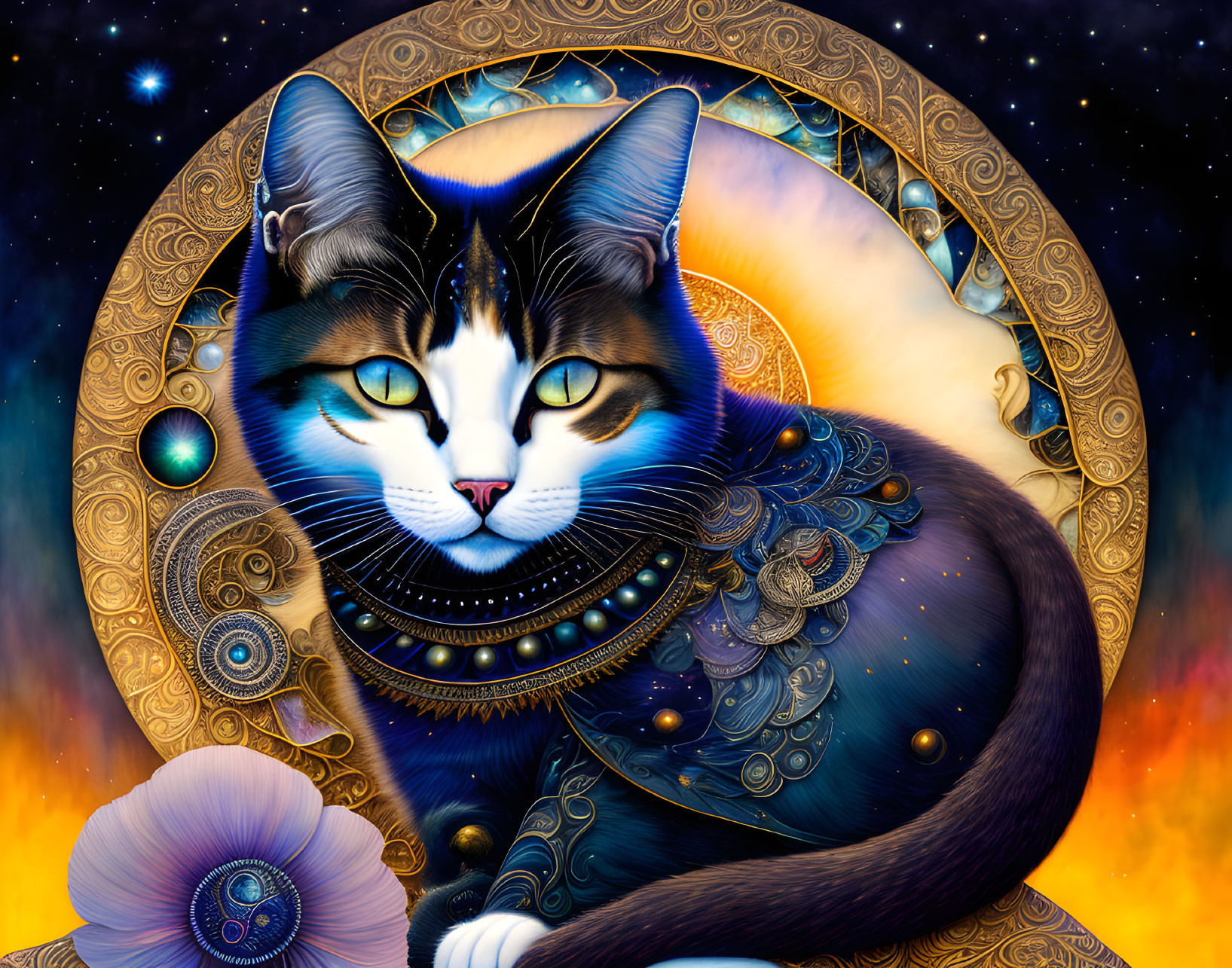 Colorful Stylized Cat Artwork with Cosmic Elements and Celestial Background