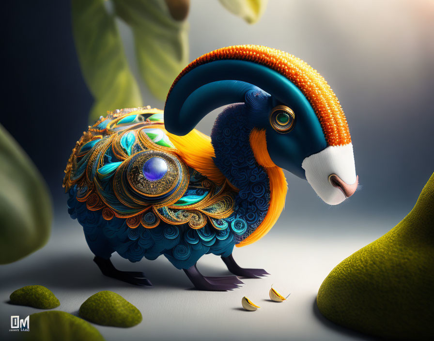 Vibrant blue and orange fantasy creature with ornate patterns and jewel on soft background