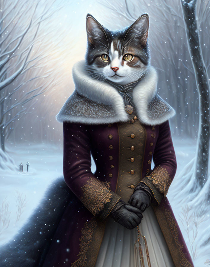 Regal cat in Victorian winter coat in snowy forest