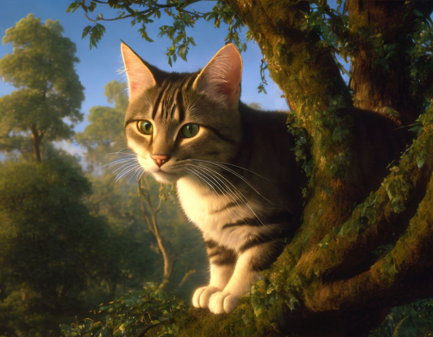 Alert tabby cat on sunlit forest tree branch