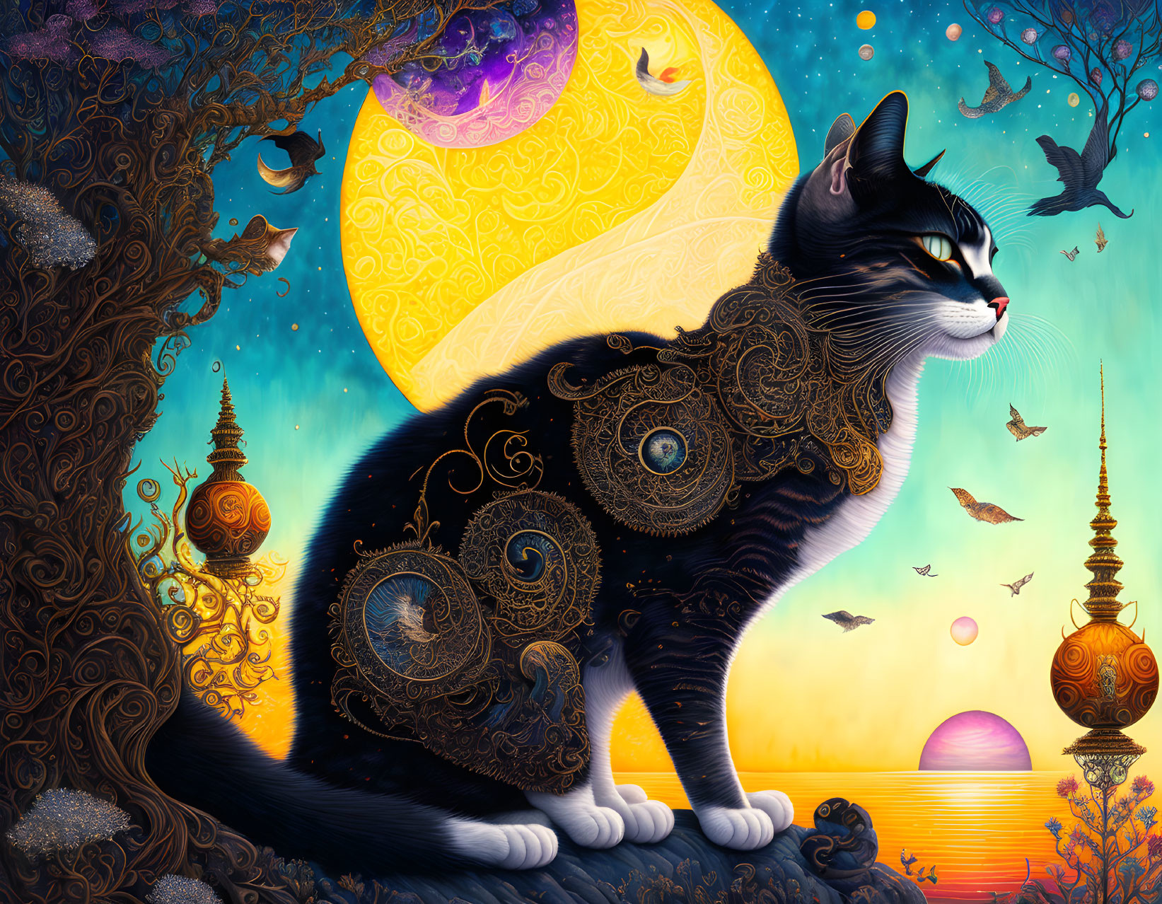 Colorful illustration of black and white cat in mystical landscape