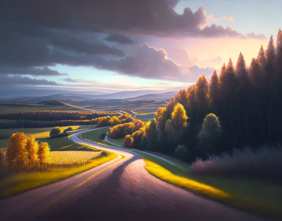 Scenic landscape: winding road, rolling hills, trees, sunlit sky