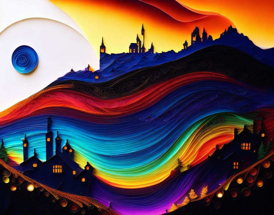 Colorful Abstract Art: Wavy Landscape with Silhouetted Buildings and Large Sun/Moon