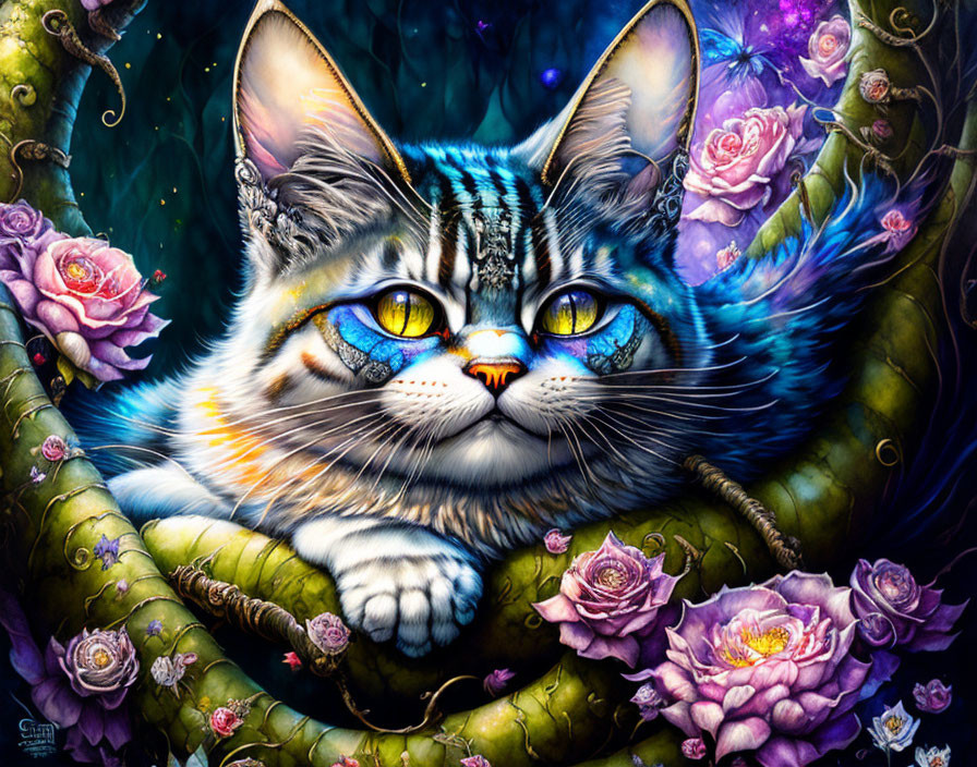 Colorful digital artwork: whimsical cat with blue and yellow eyes in purple rose garden