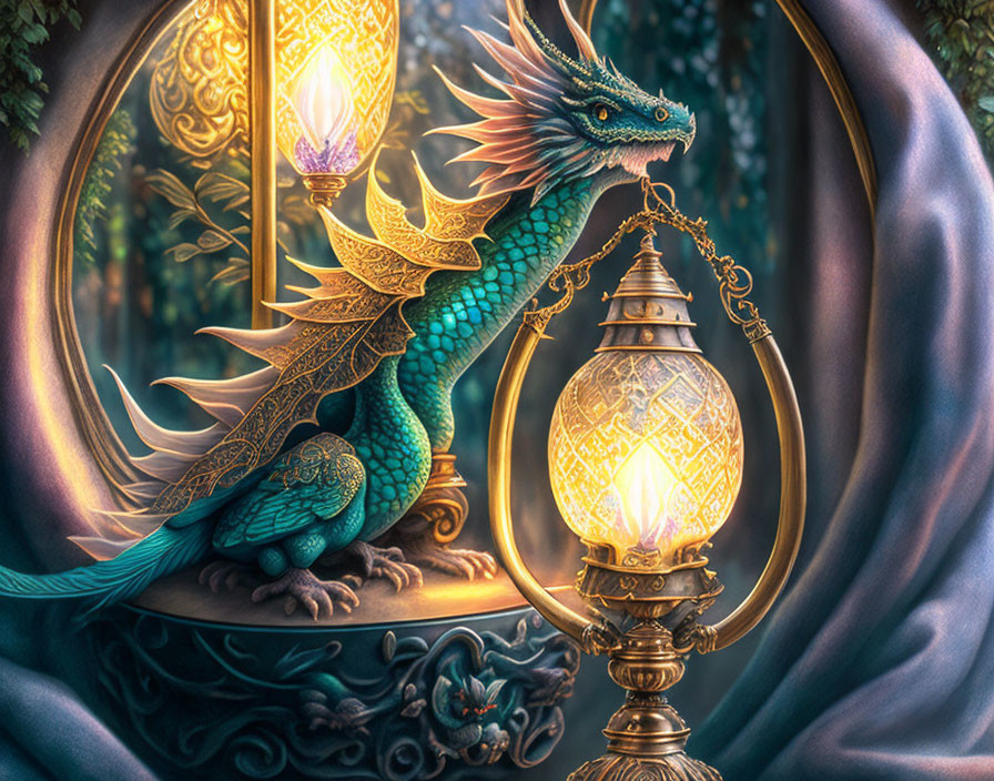 Emerald Dragon Beside Glowing Lantern in Mystical Forest