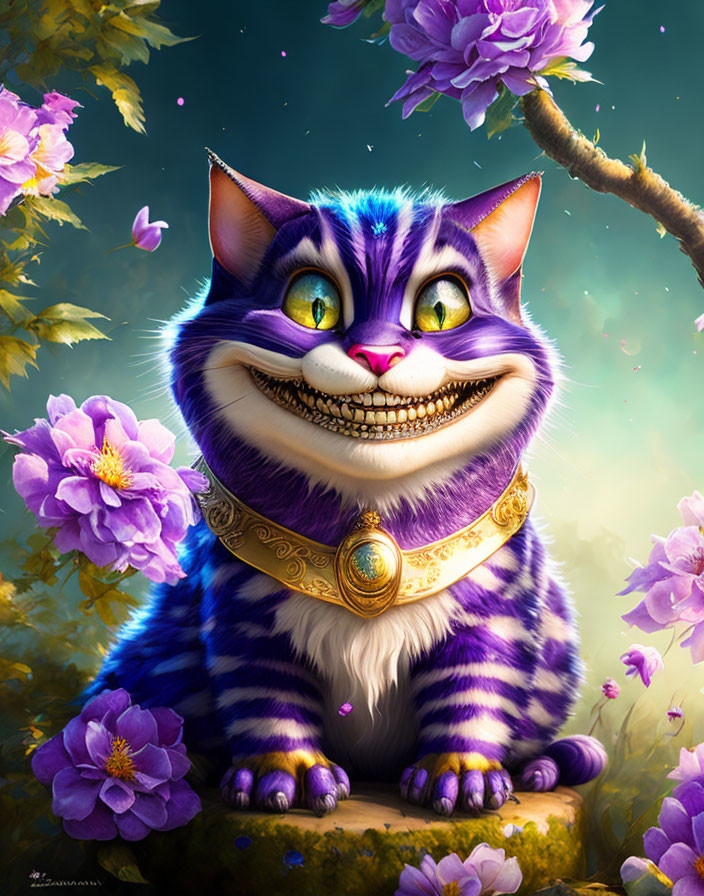 Colorful Cheshire Cat with golden collar in floral setting