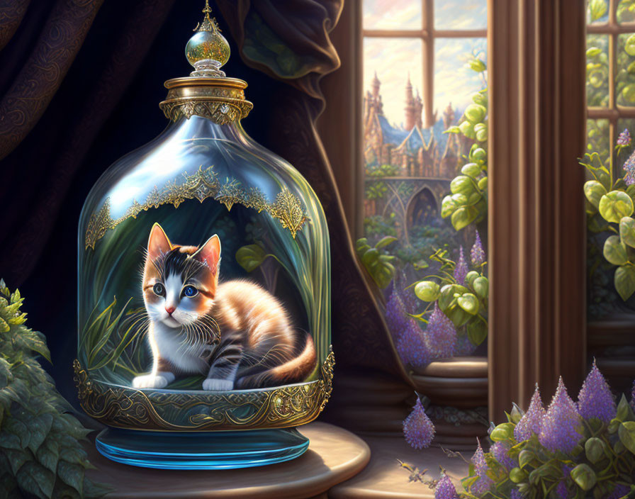 Calico kitten under glass dome with purple flowers and sunlit window