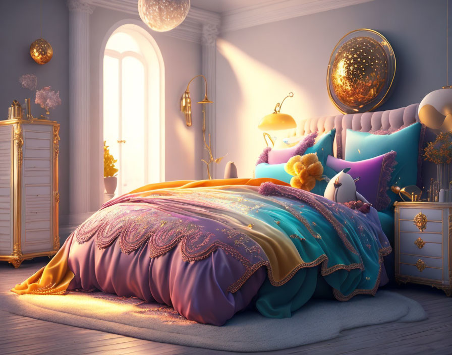 Luxurious Bedroom with Large Bed and Colorful Pillows