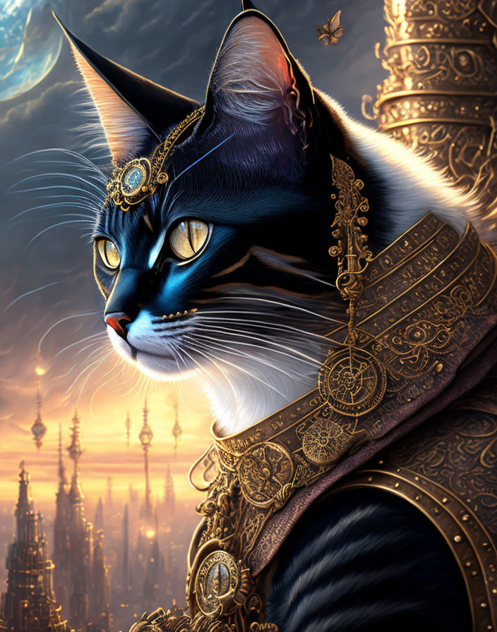 Majestic cat with blue eyes in golden jewelry against fantasy cityscape