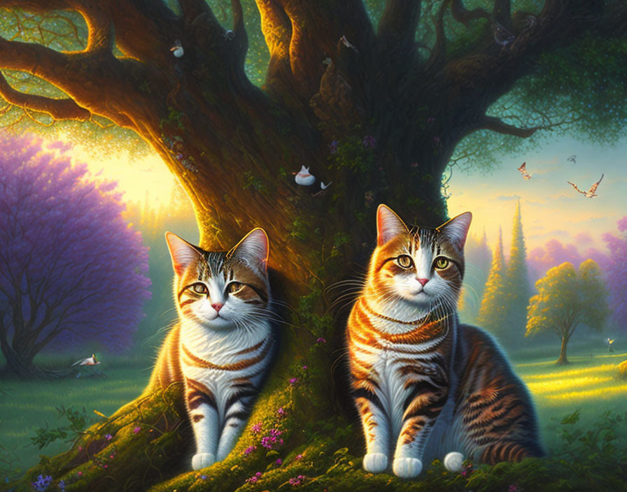 Two Striped Cats Relaxing in Sunlit Forest Clearing