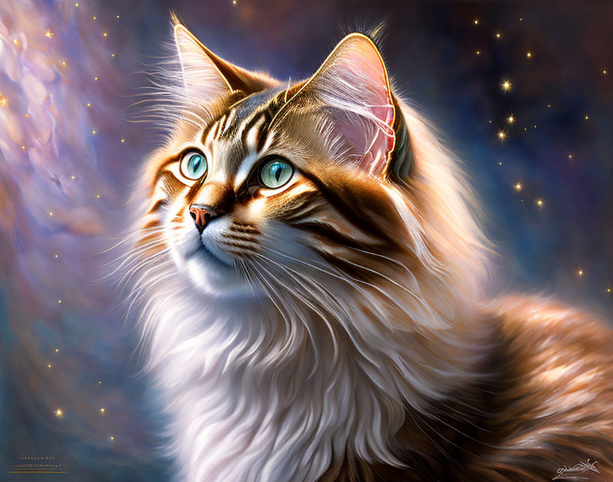 Long-haired cat with striking markings in cosmic setting