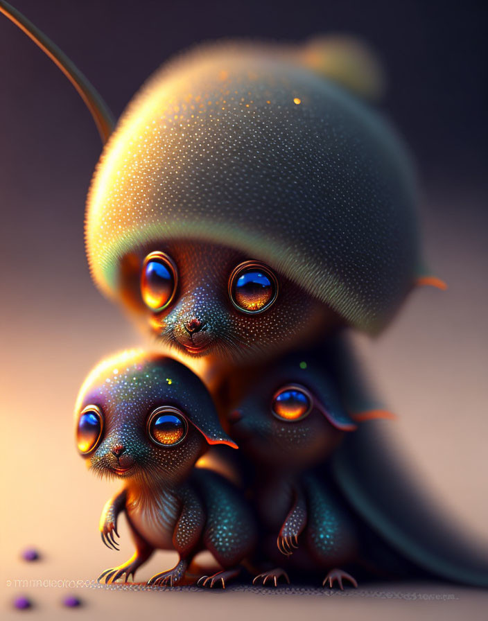 Vibrant digital artwork of stylized creatures with glossy eyes