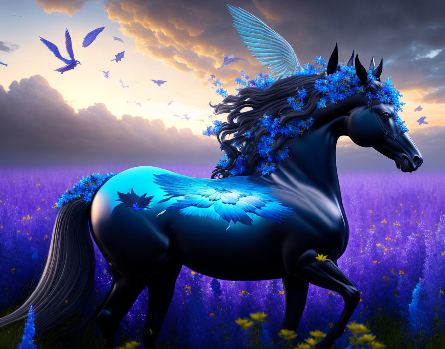 Winged horse with floral decorations in lavender field at sunset