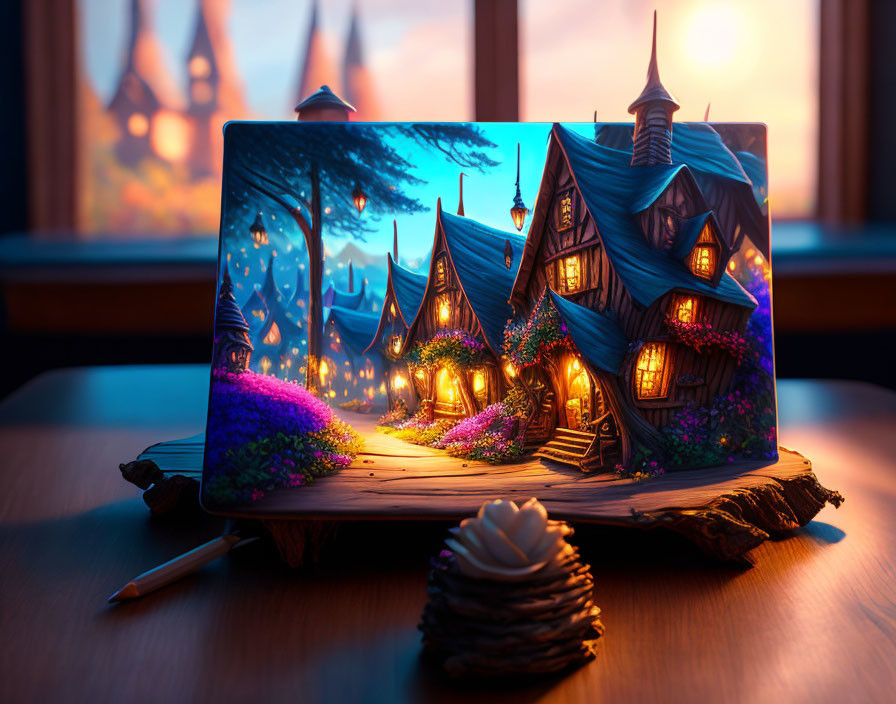 Vibrant fantasy village on laptop screen at dusk