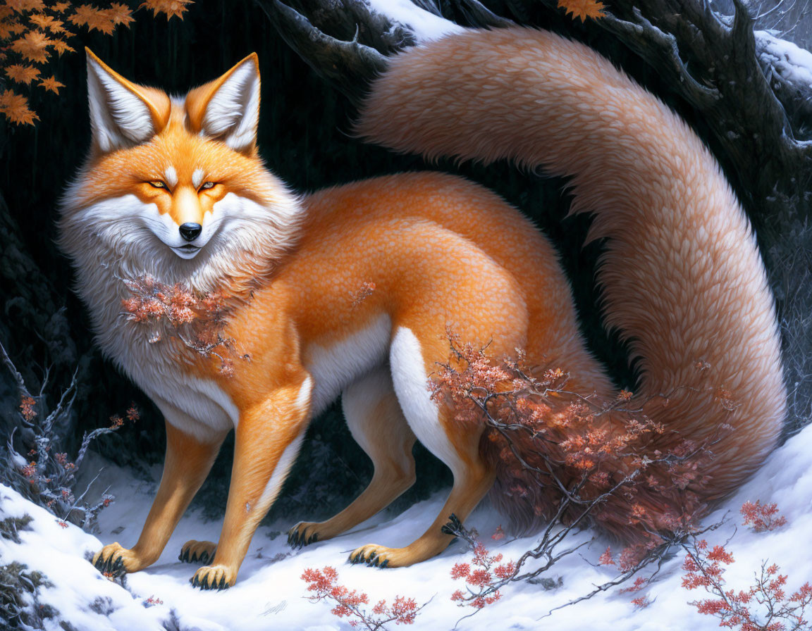 Vibrant orange fox in snowy landscape with red foliage