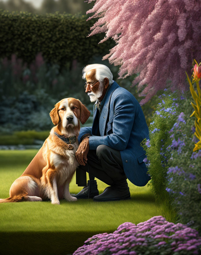 Elderly man in blue suit kneeling with golden retriever in blooming garden