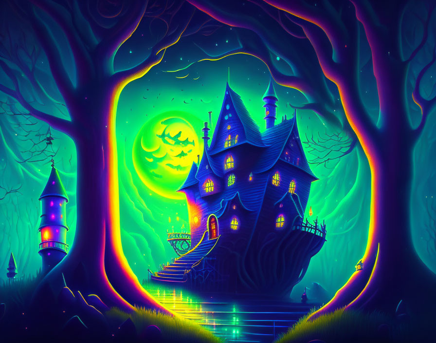 Whimsical haunted house in eerie forest under luminous moon