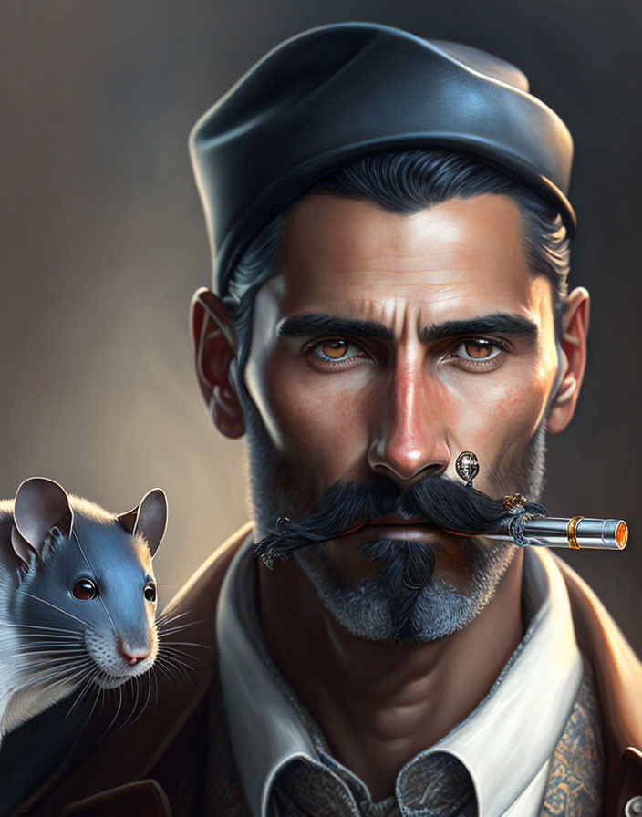 Realistic digital art: stern man with mustache, cap, cigar, and rat.