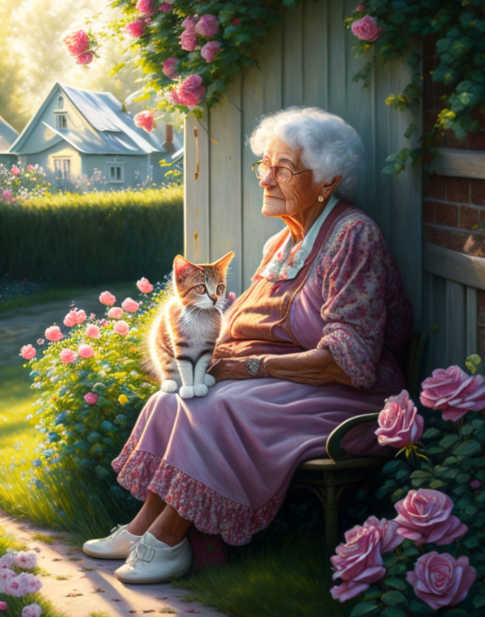 Elderly woman with tabby kitten in blooming garden on bench