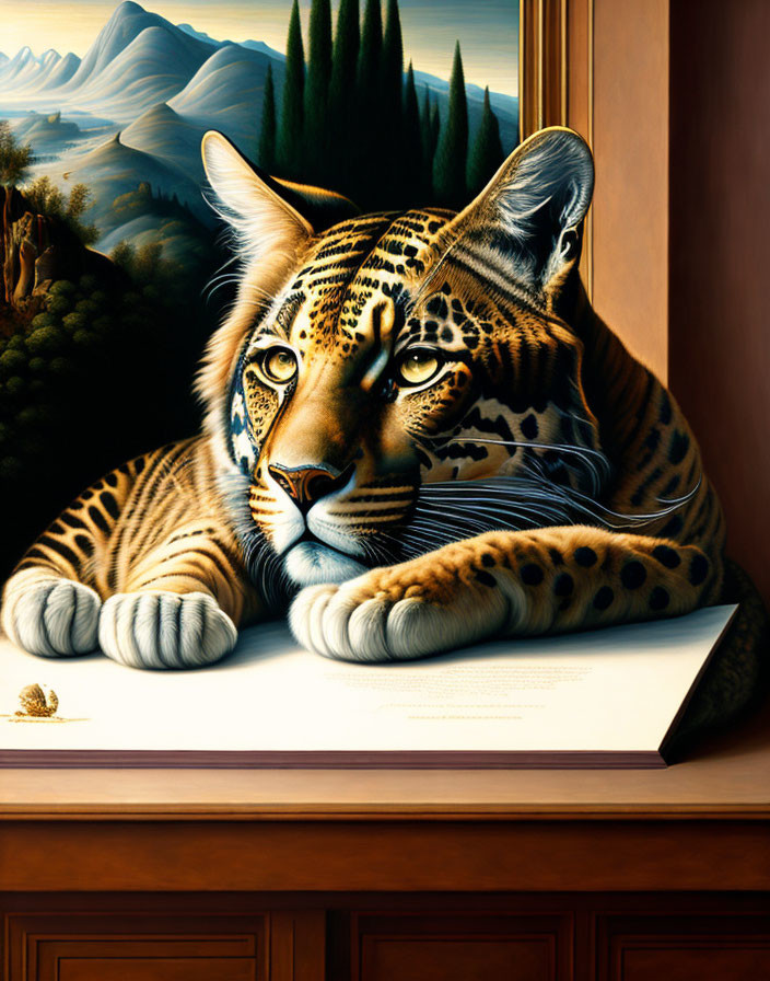 Large ocelot resting on open book with mountain backdrop