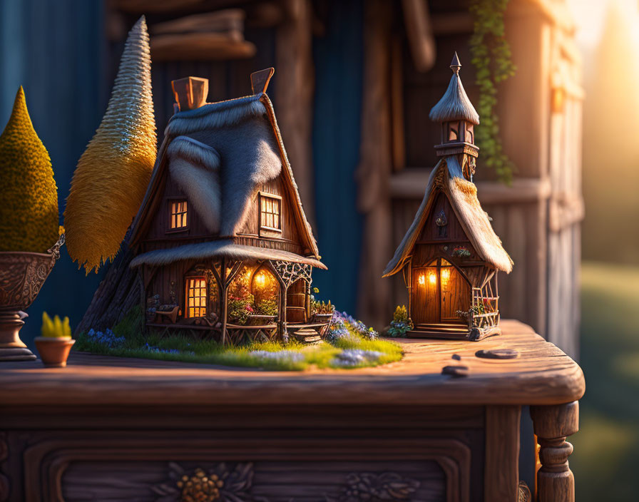 Miniature fairy-tale village with two houses and steeple on wood surface in golden-hour glow