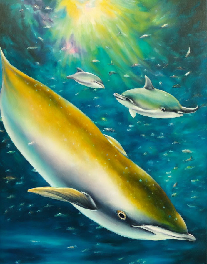 Yellow and White Dolphin Swimming Undersea with Sun Rays and Small Fish