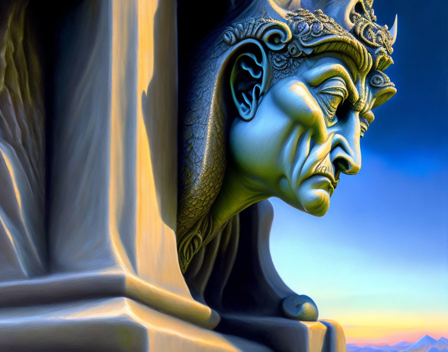 Detailed sculpture of face with crown against mountainous backdrop