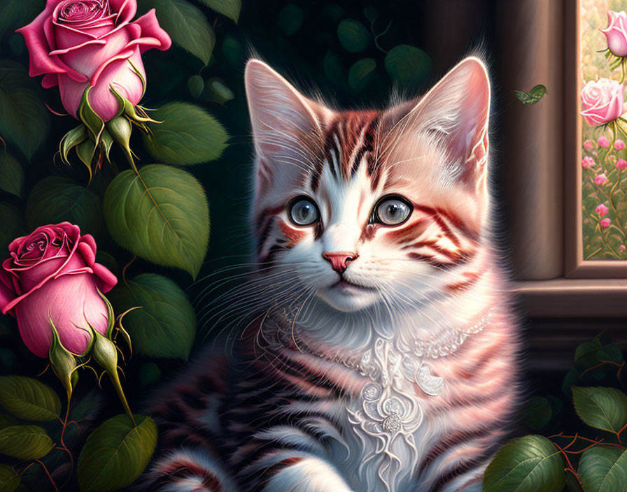 Striped kitten beside pink roses in soft-focus setting