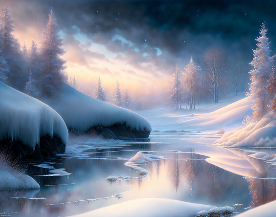 Snow-covered hills, fir trees, reflective river, and dusk sky in tranquil winter scene