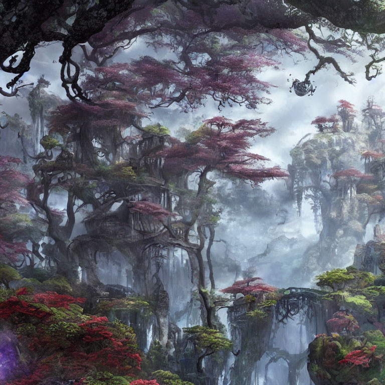 Mystical Forest with Towering Trees and Purple Foliage