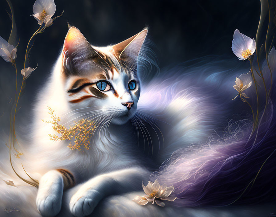 White and Tabby Cat Digital Artwork with Blue Eyes and Floral Background