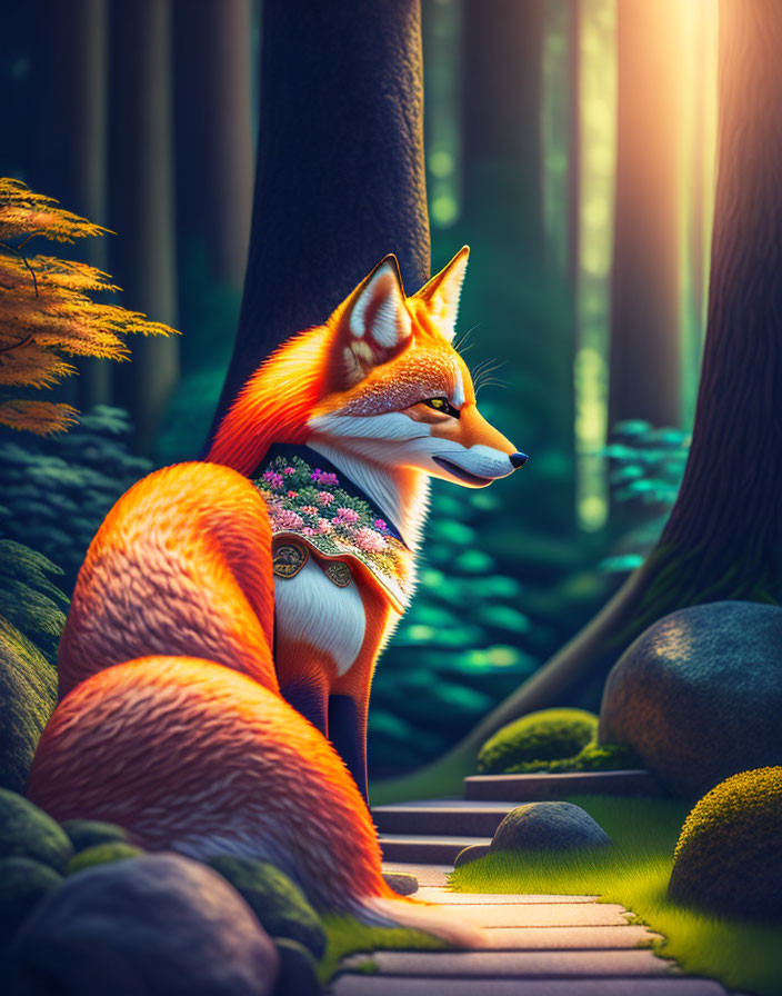 Stylized anthropomorphic fox in sunlit forest with floral collar