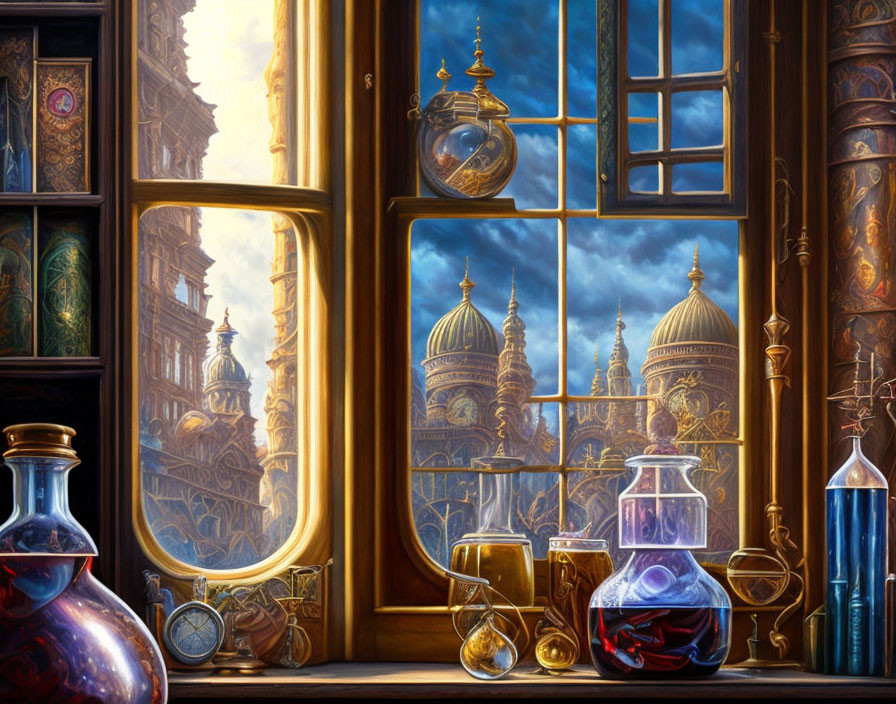 Fantasy cityscape view from magical study with potions and astronomical instruments