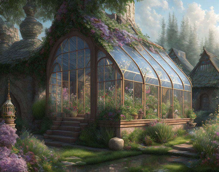 Glass greenhouse with flowers, stone cottage, forest backdrop