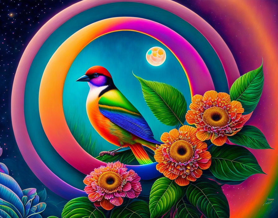 Colorful Bird Perched on Flowers with Rainbow Rings and Celestial Sky