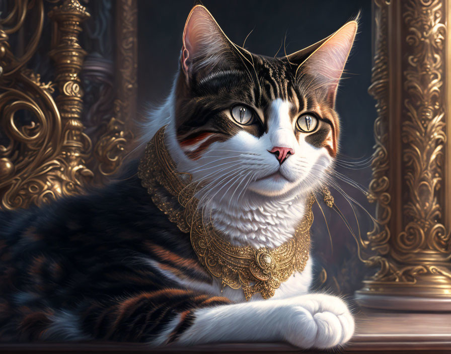 Regal Tabby Cat with Golden Collar Beside Ornate Frame