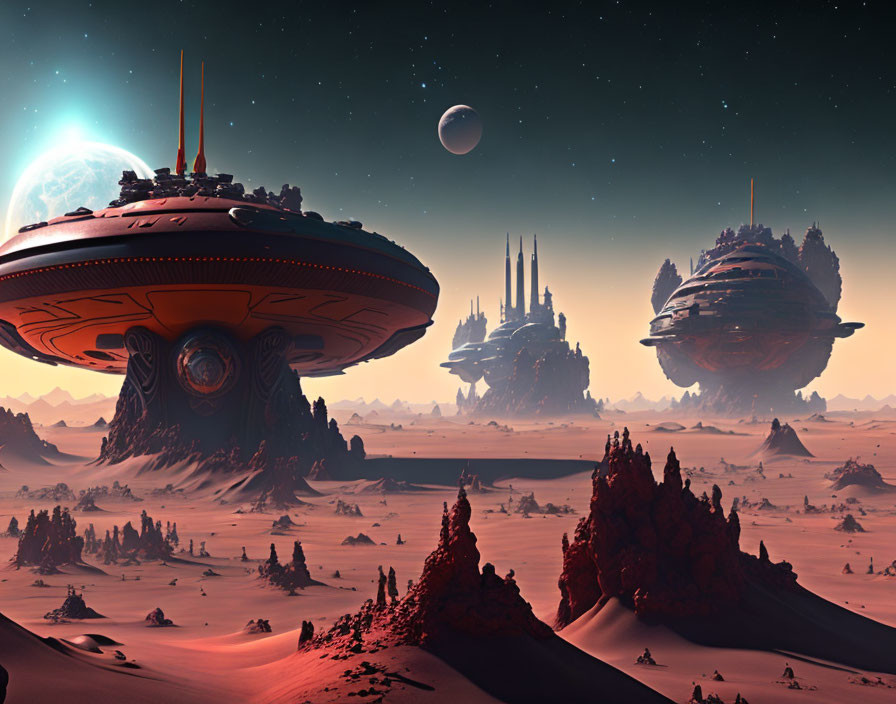 Futuristic desert landscape with saucer-shaped structures and celestial bodies