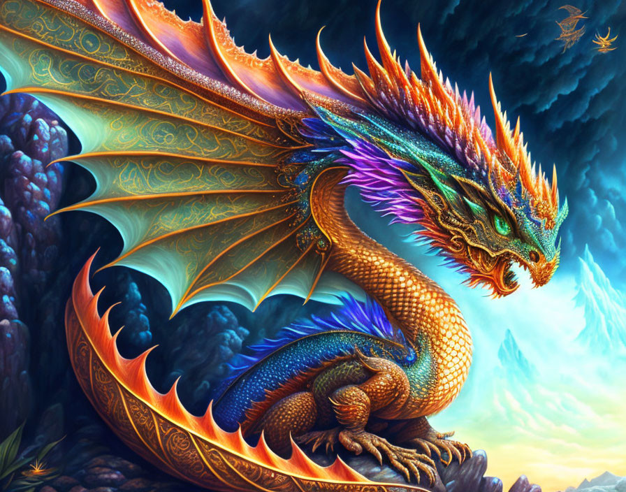 Colorful Dragon with Orange Wings and Blue-Green Scales on Rocky Landscape