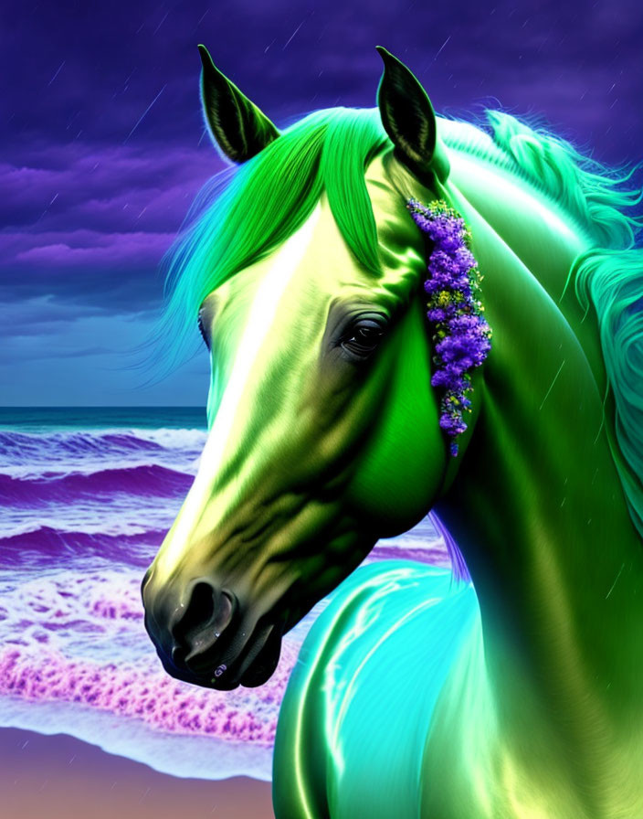 Digital art: Horse with teal mane and purple flowers in purple sky and ocean waves